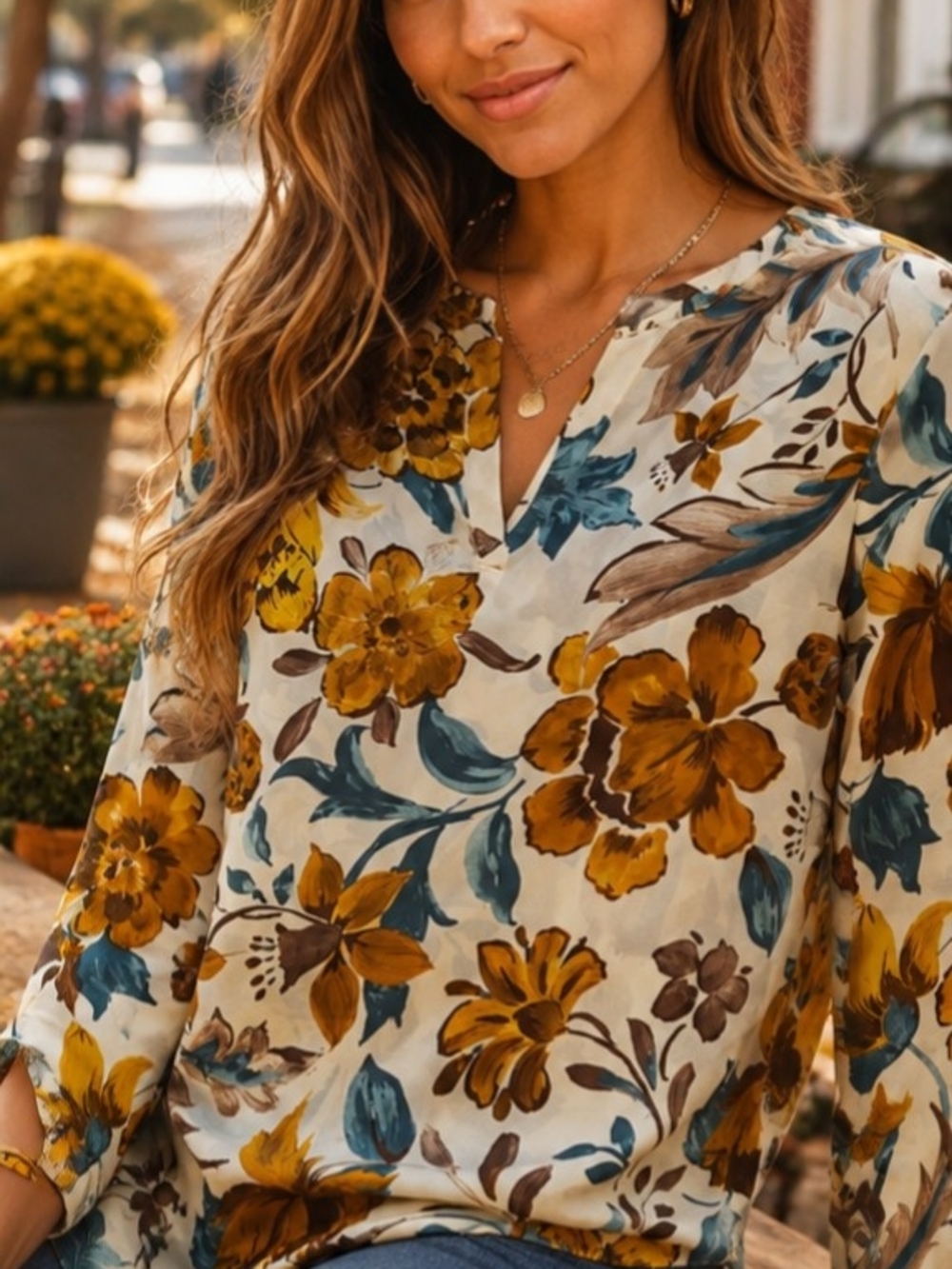 Zara Basic Women Floral Print Long Sleeve V Neck Blouse Size M